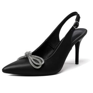 Sophisticated Black and Silver Slingback stilettos  with rhinestone bow